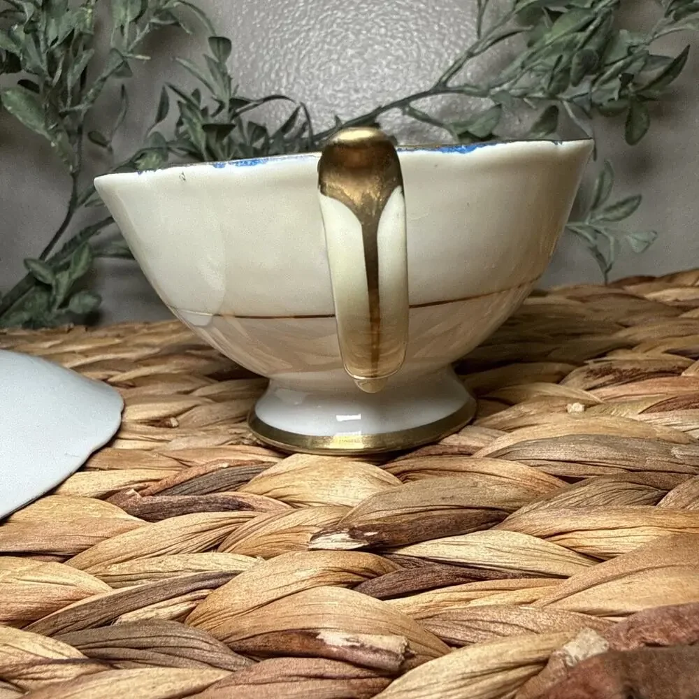 Vintage Hand Painted Japan Cobalt Blue Gold Gilt Tea Cup Saucer Rose Floral